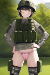 1girls ai_generated black_hair female female_only hazel_eyes military military_helmet military_uniform nai_diffusion original panties solo stable_diffusion tactical_gear tactical_vest