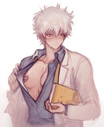 blush class_3-z deng_810 gintama gintoki_sakata glasses heart_pasties hi_res labcoat male male_only nipple_bulge official_alternate_costume open_shirt partially_undressed pasties pecs presenting red_eyes silver_hair smile solo sweat teacher upper_body very_high_resolution white_hair