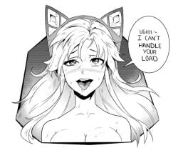 ahegao blush cat_ear_headphones cleavage english_text greyscale long_hair monochrome nutaku nutaku-tan open_mouth speech_bubble talking_to_viewer text text_bubble tongue_out transparent_background