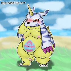 1:1 2022 anthro axoarts balls bandai_namco biped blue_body blue_fur blush digimon digimon_(species) flaccid foreskin front_view fur gabumon genitals glans horn humanoid_genitalia humanoid_penis male moobs multitoned_fur navel nipples nude outside overweight overweight_anthro overweight_male penis red_eyes retracted_foreskin shy sky solo standing tail thick_thighs yellow_body yellow_fur