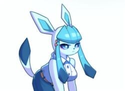 bare_shoulders beauty_mark blue_eyes blue_hair blush button_down_shirt cleavage drunkoak eeveelution female female_focus female_only glaceon large_breasts nintendo pokémon_(species) pokemon tail toned toned_female white_background