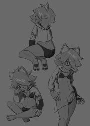 anthro bastardcat3 clothed clothing crossdressing domestic_cat felid feline felis genitals hi_res hoodie male mammal meme meme_clothing monochrome pawpads paws penis robot_arm solo swimwear tatsuo topwear wardrobe_malfunction