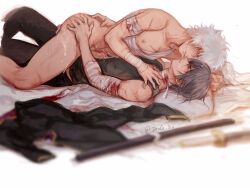 2boys alternate_version_available ass_grab bandages blood blush bodily_fluids clothed_male_nude_male cum cum_on_body deng_810 discarded_clothing erection futon gay gintama gintoki_sakata grinding hands_on_ass hi_res injury kissing looking_at_another lying_on_person male male_only nude nude_male official_alternate_costume on_back on_bed penis precum purple_hair saliva saliva_trail samurai scars silver_hair sweat takasugi_shinsuke uncensored very_high_resolution weapon white_hair wounded yaoi