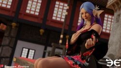 1girls 3d au_ra blender blue_eyes blue_hair bra come_hither dragon_girl dragon_horns eorzean_erotica final_fantasy final_fantasy_xiv horns japanese_architecture japanese_clothes kemonomimi light-skinned_female light_skin lingerie lipstick lizard_girl purple_hair sahki scales sitting solo twintails two_tone_hair yukata