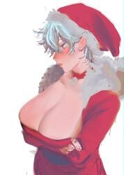 akoku alternate_costume arms_crossed_under_breasts big_breasts blush canon_genderswap choker christmas christmas_2022 christmas_outfit cleavage colored_sketch crossed_arms female female_only fur_trim genderswap_(mtf) ginko_sakata gintama gintoki_sakata huge_breasts light_blue_hair rule_63 santa_hat short_hair sketch solo very_short_hair