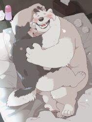 anthro bedding blush canid canine canis domestic_dog duo embrace fuku_(garouzuki) garouzuki happy happy_sex hug husky ken_(garouzuki) lube_bottle male male/male mammal nordic_sled_dog nude overweight overweight_male pawpads pillow polar_bear sex size_difference smile spitz tail tissue ursid ursine