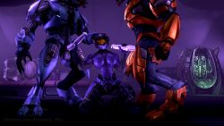 1girls 2boys 3d alien bodysuit female female_spartan_(halo) halo_(series) hand_on_head handjob helmet horsecock larger_male male pompilus_sfm_twitter(artist) rape sangheili spartan_(halo) squatting