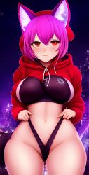 ai_generated belly belly_button big_breasts blush blushed breasts cat_ears catgirl forest fox_ears fox_girl glowing glowing_ears glowing_eyes hi_res high_resolution highres human lens_flare light lights looking_at_viewer original original_character original_characters pink_hair purple_hair red_eyes red_hair ree0 smile smiling smiling_at_viewer thick_thighs thong wide_hips