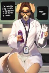 absurd_res anthro brown_body canid canine canis clothed clothing dialogue dog_girl domestic_dog english_text female hi_res labcoat looking_at_viewer mammal penetrable_sex_toy sex_toy smewed solo tail text yellow_body