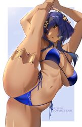 1girls absurd_res big_breasts bikini blue_eyes blue_hair candace_(genshin_impact) dark-skinned_female dark_skin female female_only genshin_impact heterochromia large_breasts leg_up looking_at_viewer midriff navel patreon_username side-tie_bikini solo solo_female swimsuit thick thick_thighs tofuubear voluptuous yellow_eyes