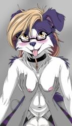 anthro canid canine canis collar diane_(drako1997) domestic_dog duo eyewear female fur genitals glasses hair happy happy_sex hi_res male male/female mammal nipples nude open_mouth open_smile purple_body purple_fur pussy sex smile spike_the_furry unseen_male_face vaginal_penetration white_body