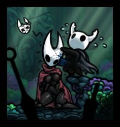 blood blue_blood breasts breasts_out cape cloak cracked_skull dead ear_fuck gore guro gurochanop hands_on_head hollow_knight hornet_(hollow_knight) larger_female motion_lines necrophilia partially_clothed protagonist_(hollow_knight) red_cape size_difference skull_fucking snuff sweat sweatdrop