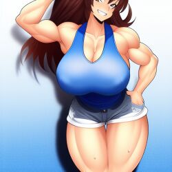 1girls aged_up ai_generated armpits arms_up biceps blue_background blue_tank_top blush brown_eyes brown_hair cleavage denim_shorts erect_nipples erect_nipples_under_clothes game_freak grin hand_in_pocket hand_on_hip hilda_(pokemon) long_hair looking_at_viewer muscle muscles muscular muscular_arms muscular_female muscular_legs muscular_thighs nintendo pokemon pokemon_bw seductive_smile short_shorts solo solo_female stable_diffusion sweat tank_top thick_thighs voluptuous voluptuous_female wide_hips