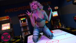 1girls 3d 80's_theme air_hockey arcade arcade_machine blonde_hair call_of_duty call_of_duty_black_ops_cold_war clothed deathrayfever feathered_hair glamour glock gun helen_park_(cod) medium_breasts punch_out softcore space_invaders