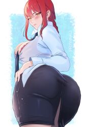 1girls ass braided_hair breasts chainsaw_man cleavage clothed female hartman_hips hips huge_ass huge_breasts light-skinned_female light_skin long_hair makima_(chainsaw_man) naughty_face office_lady prywinko red_hair skirt slim_waist suggestive_look thick_thighs thighs twintails wide_hips