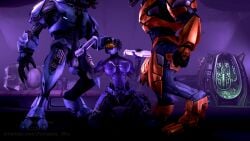 1girls 2boys 3d alien bodysuit cum cum_on_breasts cum_on_face female female_spartan_(halo) halo_(series) hand_on_head handjob helmet horsecock larger_male male pompilus_sfm_twitter(artist) rape sangheili spartan_(halo) squatting