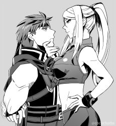 1boy 1girls big_breasts black_and_white crossover dominant dominant_female domination female femdom fire_emblem fire_emblem:_path_of_radiance fire_emblem:_radiant_dawn fully_clothed hand_on_chin ike_(fire_emblem) kudakeru looking_at_partner looking_down looking_up male male/female malesub metroid muscular muscular_male samus_aran straight submissive submissive_male super_smash_bros. tied_up