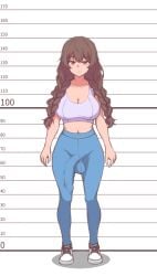 1futa 2022 balls balls_under_clothes big_breasts big_penis breasts brown_hair bulge bulge_through_clothing cleavage clothed clothing erection erection_under_clothes fully_clothed futa_only futanari height_chart human large_breasts large_penis light-skinned_futanari light_skin looking_at_viewer midriff minishell more_at_source original original_characters penis solo sports_bra sportswear standing twin_braids yoga_pants