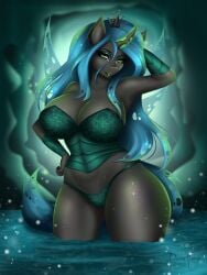 anthro ashimaroo big_breasts bustier changeling equid equine friendship_is_magic long_hair looking_at_viewer makeup my_little_pony panties pillow_shading queen_chrysalis_(mlp) solo solo_female underwear water