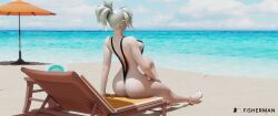 1girls 3d beach big_ass big_breasts big_butt black_swimsuit blender blizzard_entertainment blonde_hair blue_eyes female fisherman glasses light-skinned_female light_skin mercy overwatch sunglasses swimsuit watermark