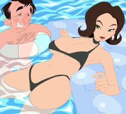 1boy 1girls bikini brown_hair dewmi_moore green_eyes larry_laffer leisure_suit_larry leisure_suit_larry_7 navel partially_submerged string_bikini swimming water yev-san