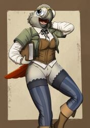 absurd_res african_grey afrotropical_parrot anthro avian bird book boots bottomless clothed clothing corset eyewear female fish_birb footwear genitals glasses hi_res legwear lingerie parrot pinup pose pussy shirt solo steampunk tail thigh_highs topwear true_parrot