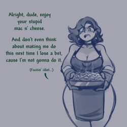 angry apron apron_only barely_clothed big_ass big_breasts choker cleavage cooking dark_hair embarrassed emerald_(jonohasmono) goth goth_girl green_eyes hair_over_one_eye heart huge_breasts jonohasmono naked nude nude_female short_hair sketch text text_box text_bubble thick thick_ass thick_thighs thighs