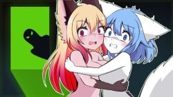 2girls artist_request blue_eyes blue_hair edit fox_girl furry hugging imminent_rape indoors intruder luna_(wolfychu) rape scared_expression tagme tail virtual_youtuber white_fur wolfychu youtube youtuber