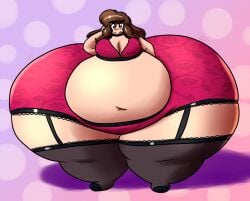 1girls bbw big_breasts bigsychrome blush bra brown_hair cleavage fat fat_ass fat_legs fat_thighs floral_pattern floral_print garter_belt garter_straps gigantic_ass huge_belly long_hair looking_at_viewer meat_wall_(body_type) nerd nerdy_female panties ssbbw thick_ass thick_thighs wide_hips