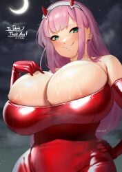 1girls alternate_breast_size barely_contained breasts bursting_breasts commission commission_art darling_in_the_franxx female green_eyes grin horns huge_breasts latex light-skinned_female light_skin long_hair lulu-chan92 massive_breasts naughty_face pink_hair zero_two_(darling_in_the_franxx)