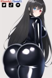 ai_generated artist_self-insert ass black_bodysuit blue_eyes bodysuit emzie01 funemily1 heterochromia latex long_hair medium_breasts nai_diffusion original red_eyes stable_diffusion standing tagme thick_thighs watermark wide_hips