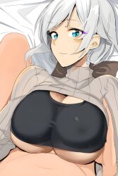 1boy architect_(frame_arms_girl) blue_eyes blush breasts closed_mouth clothed_female_nude_male clothes_lift doko_tetora female frame_arms_girl grey_hair grey_sweater highres huge_breasts looking_at_viewer lying lying_on_back navel nude on_back paizuri paizuri_under_clothes pov pov_crotch pov_legs pubic_hair revision ribbed_sweater sports_bra straddling straddling_paizuri straight sweat sweater sweater_lift