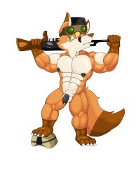 akat akat/starfox army_uniform barazoku black_nipples black_penis canid canine fox genitals gun hi_res male mammal nipple_piercing nipples penis piercing ranged_weapon tail weapon