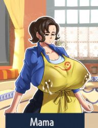 1girls apron big_breasts blue_pants blue_shirt bottomwear breasts brown_eyes brown_hair earrings female female_only game_freak hair huge_breasts lactating lactating_through_clothing lactation large_breasts mature mature_female mature_woman milf mother mother_(pokemon_sv) pants pokemon pokemon_sv shirt solo solo_female topwear venus_body vertacularrld yellow_apron