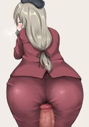 1boy ass blush brown_eyes buttjob buttjob_over_clothes censored female formal from_behind girls_und_panzer grey_hair leaning_forward long_hair looking_at_viewer looking_back mature_female p_kotarou penis ponytail shimada_chiyo skirt skirt_suit solo straight suit