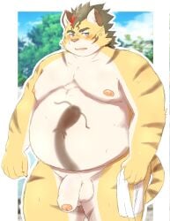 2022 absurd_res anthro balls belly big_belly blush felid flaccid genitals hi_res hitachi_(tamacolle) humanoid_genitalia humanoid_hands humanoid_penis ibuki_haruno kemono male mammal moobs nipples overweight overweight_male pantherine penis solo tail tamacolle tiger