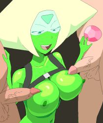 1girls 2boys blonde_hair breast_poke breast_rest collar erection feet gem gemstone green_skin greg_universe imminent_sex interspecies looking_at_penis looking_down medium_breasts navel nipples open_mouth penis penis_on_breast peridot_(steven_universe) steven_quartz_universe steven_universe threesome unseen_male_face upper_teeth veiny_penis visor yev-san