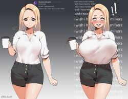 !! 1girls blonde_hair blush bouncing_breasts breast_expansion breasts coffee_cup collarbone crooked_smile discord_message english_text female female_only glasses highres huge_breasts large_breasts lulu-chan92 original shorts small_breasts smile solo spill tucked_shirt