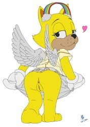 angel_(toontown) anthro bottomwear clothing domestic_cat earmuffs felid feline felis female freckles fur gloves handwear heart mammal rainbow skirt smooth_fur solo toontown_cat toontown_corporate_clash toontown_online toony toony_eyes uenii wings yellow_body yellow_fur