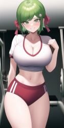 1girls aged_up ai_generated breasts buruma cleavage crop_top danganronpa danganronpa_ultra_despair_girls facing_viewer female female_only green_eyes green_hair gym gym_uniform large_breasts looking_at_viewer midriff n.c.b_ai nai_diffusion shorts smile solo stable_diffusion thighs towa_monaca