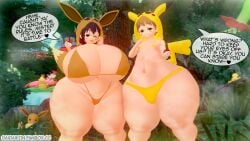 1boy 1girls 3d areolae ass bangs belly blonde_hair blush breasts brown_eyes brown_hair bulge cleavage clothing cosplay creatures_inc. curvaceous daidaikon dialogue eevee eevee_(cosplay) eevee_ears eyebrows_visible_through_hair female female_only femboy forest game_freak gen_1_pokemon gigantic_ass green_eyes hair_between_eyes half-closed_eyes half-dressed high_resolution hood huge_ass huge_breasts kigurumi leaning_forward looking_at_viewer midriff navel nintendo npc_trainer orange_eyes outdoors pikachu pikachu_(cosplay) plump pokémon_(species) poke_kid_(pokemon) poke_kid_(pokemon_ss) pokemon pokemon_(cosplay) pokemon_(game) pokemon_(species) pokemon_ss seductive_smile shortstack sidelocks smile smug speech_bubble sweat tail text thick_thighs thighs trap very_high_resolution voluptuous wide_hips