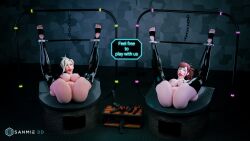 2girls 3d ball_gag big_ass big_breasts bondage d.va female female_only latex latex_stockings legs_over_head legs_spread mercy nipple_piercing nude overwatch piercing sanmie3d spreader_bar tagme voluptuous