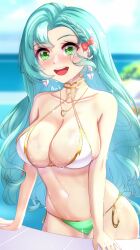 1girls alternate_costume anisdrawn bikini braid chloe_(fire_emblem) earrings female female female_only fire_emblem fire_emblem_engage gold_trim green_bikini green_eyes green_hair highres jewelry long_hair navel nintendo o-ring o-ring_bikini open_mouth parted_hair single_braid smile solo swimsuit teeth upper_teeth very_long_hair watermark white_bikini white_swimsuit