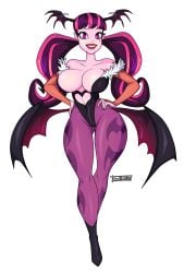 capcom clothing cosplay darkstalkers draculaura female female_focus female_only goth goth_girl gothic hands_on_hips high_heel_boots high_heels highres jose12mexico large_breasts mattel monster_girl monster_high morrigan_aensland morrigan_aensland_(cosplay) pink_hair pink_skin purple_stockings smile smiling smiling_at_viewer stockings twintails vampire vampire_girl wide_hips