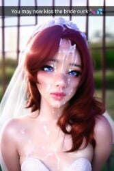 1girls ai_generated challenger_x cheating cheating_on_wedding_day cheating_wife cuckold cum cum_on_breasts english_text facial ginger nai_diffusion netorare ntr original original_character red_hair self_upload stable_diffusion wedding_dress