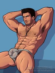 armpit_hair balls bulge hairy headingsouth jockstrap looking_at_viewer male male_only muscles nathan_drake penis solo solo_male uncharted