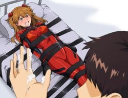 1boy 1girls angry asuka_langley_sohryu bed blue_eyes blush bodysuit bondage bondage_mittens bound breasts brown_hair cum cum_on_hand femsub hand hi_res lying neon_genesis_evangelion orange_hair pillow plugsuit restrained ryner-e skin_tight straps tied tied_to_bed tied_up tight_clothing twintails