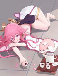 1girls back blush blush_lines blushing_at_viewer chel_(user_mcme3455) feet feline female female_focus female_only genshin_impact grin grinning grinning_at_viewer light_skin lipstick looking_at_viewer lying lying_on_ground only_female pink_eyes pink_hair shiny shiny_hair smile smiling solo solo_female solo_focus tea thighs yae_miko