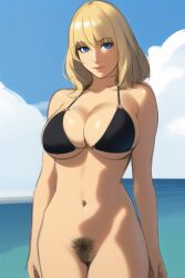 bangs big_breasts bikini_top blonde_hair blue_eyes bottomless edenfall_saga eydis_wolfheart ocean pubic_hair