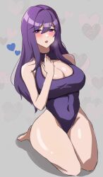 1girls arm_up blue_hearts blush blush doki_doki_literature_club female heart heart heart horny looking_at_viewer open_mouth purple_eyes purple_hair purple_swimsuit sitting solo swimsuit waffler_kekw yuri_(doki_doki_literature_club)